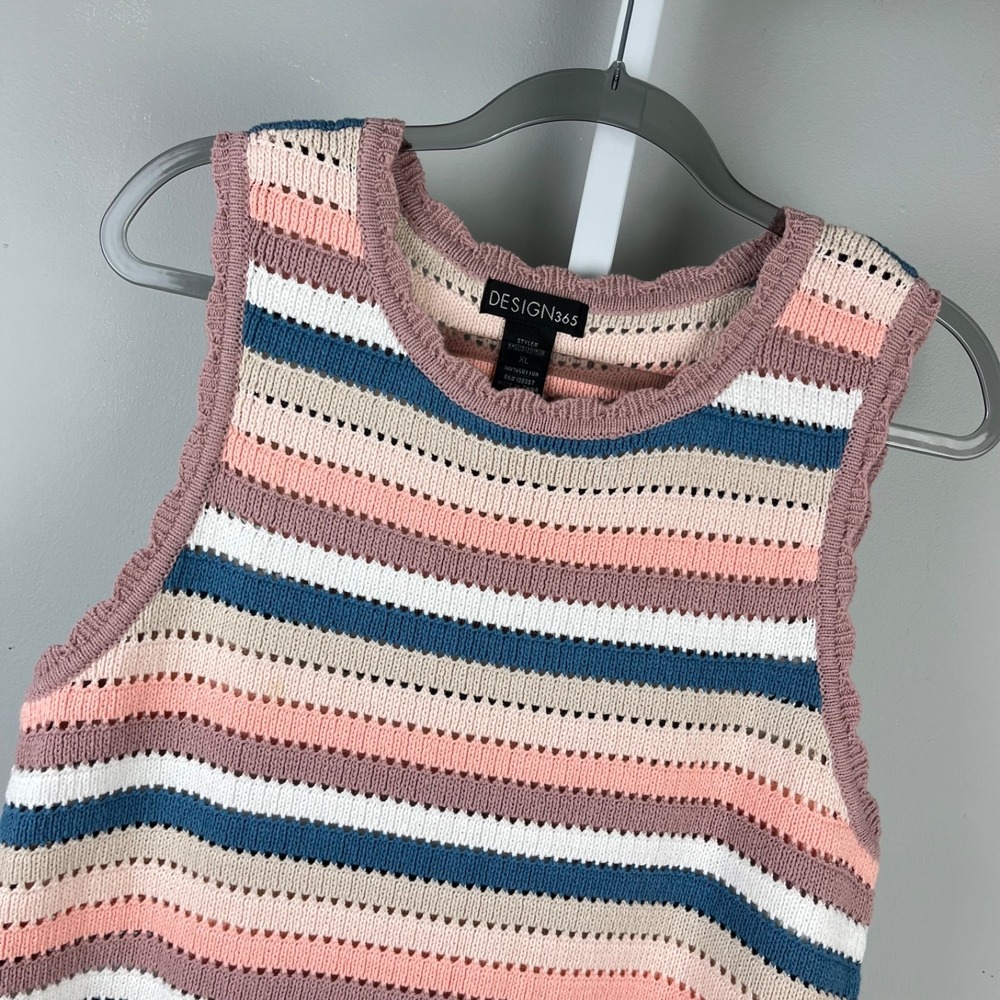 Design 365 Sleeveless Sweater Womens XL Pastel Stripe Open Knit Shell Top Retro